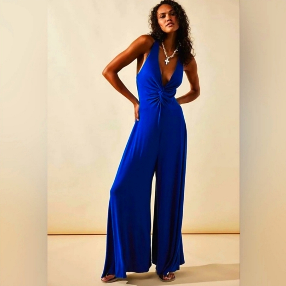 Free people Beach Harlow Twist front wide leg cobalt blue Jumpsuit Sz XS NWOT
